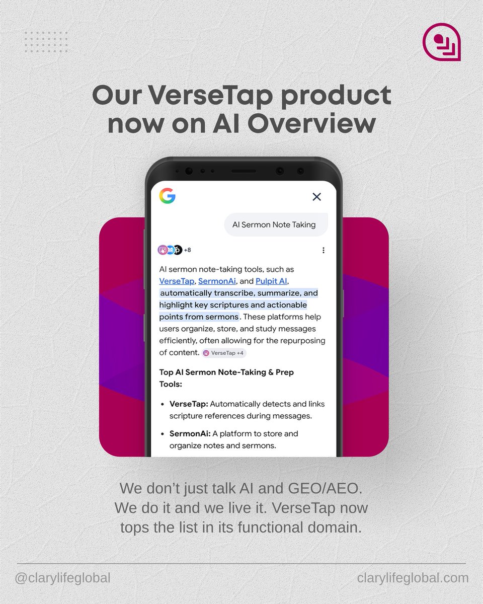 SimeonTaiwo6's tweet photo. @VerseTap just hit number one on Google AI Overview for "AI Sermon Note Taking."
.
.
I'm honestly blown away. What started as a tool I built for myself while preparing messages is now recognized by Google as the leading solution in this space.
.
.
We've also crossed 400 downloads on Playstore, with users in over 20 countries using VerseTap to study God's Word and take better sermon notes. From Nigeria to the United States, from Kenya to the UK, preachers and Bible students are finding value in what we built.
.
.
This is what happens when you combine deep domain expertise with strategic SEO/GEO/AEO optimization. At @clarylifeglobal, we don't just build tools. We build solutions with real utility value that people actually use, and we position them strategically so the right people can find them.
.
.
VerseTap isn't ranking number one because of luck. It's ranking there because we understand how to build products that solve real problems AND how to ensure those products get discovered by the people who need them most.
.
.
To every pastor, minister, and Bible student who has used @VerseTap and shared it with others, thank you. This wouldn't have happened without you.
.
.
Search "AI Sermon Note Taking" on Google and see for yourself.
.
.
Still free to use at https://t.co/8HvEsg25yK 
.
.
Built by @clarylifeglobal
.
.
I remain your BrandCore Strategist.

#VerseTap #AIforMinistry #SermonNotes #ChristianTech #ClarylifeGlobal #SEO #GEO #AEO #ProductDevelopment #simeontaiwo