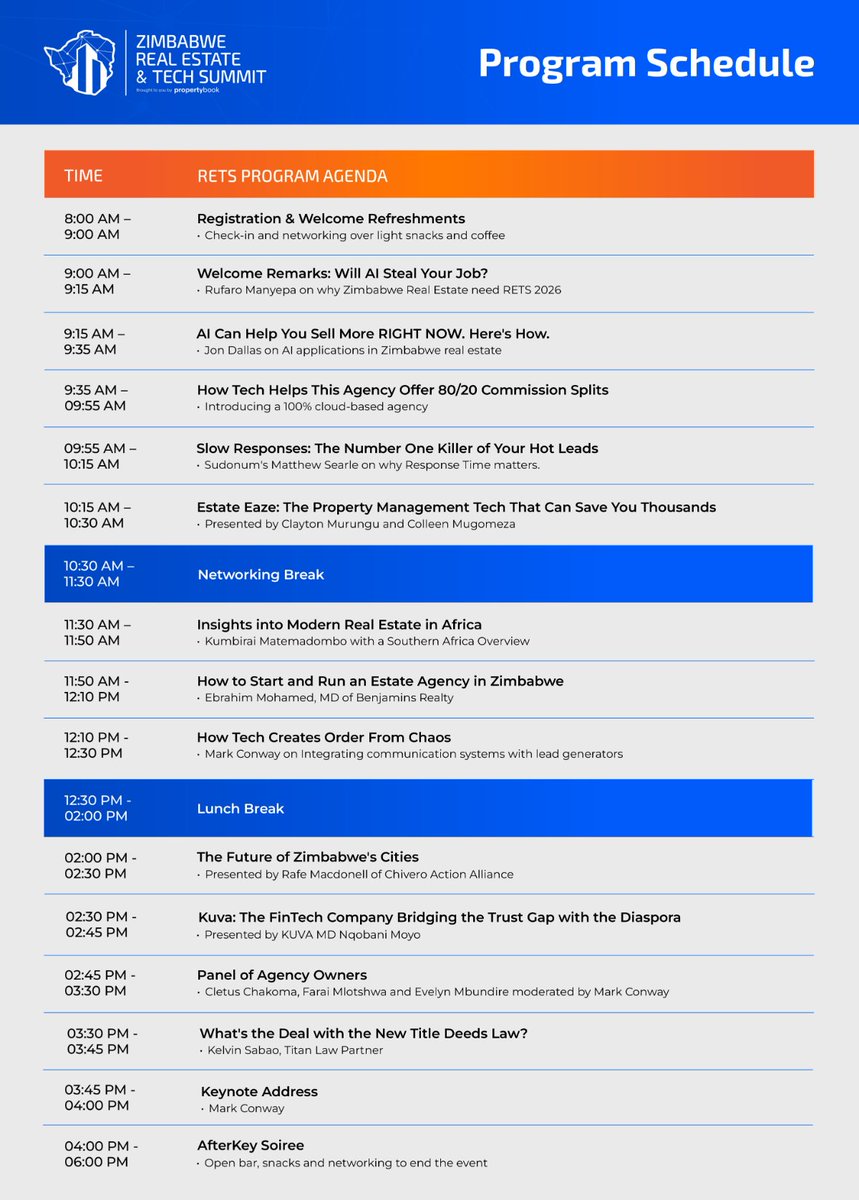 Here's the agenda for #RETS2026

Secure your ticket here: eventbrite.com/e/zimbabwe-rea…