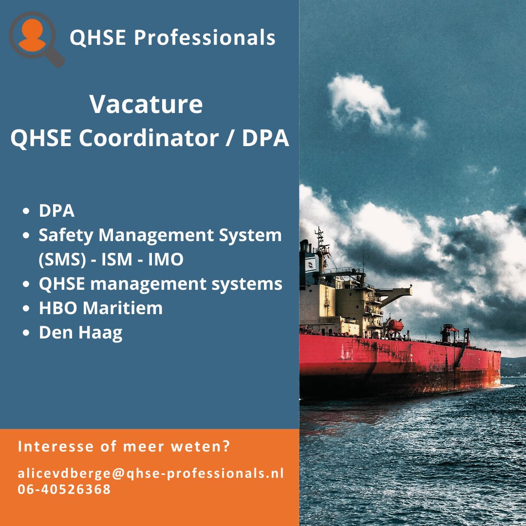 🔔𝗩𝗮𝗰𝗮𝘁𝘂𝗿𝗲 𝗤𝗛𝗦𝗘 𝗖𝗼𝗼𝗿𝗱𝗶𝗻𝗮𝘁𝗼𝗿 - 𝗗𝗣𝗔 | 𝗠𝗮𝗿𝗶𝘁𝗶𝗺𝗲 | 𝗗𝗲𝗻 𝗛𝗮𝗮𝗴
𝗜𝗻𝘁𝗲𝗿𝗲𝘀𝘀𝗲? Lees hier dan verder: qhse-professionals.nl/vacature-detai…

#vacature #QHSE #DPA #SMS #IMO #ISM #DenHaag