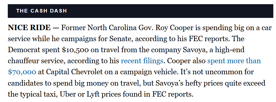 APDillon_'s tweet image. Davis spending $2,315 on taxis/rideshares seems excessive.
freebeacon.com/democrats/ridi…
But not its not as much as Roy Cooper spent on campaign cars and private limo services.
politico.com/newsletters/we…
#nc01 #ncpol #ncsen