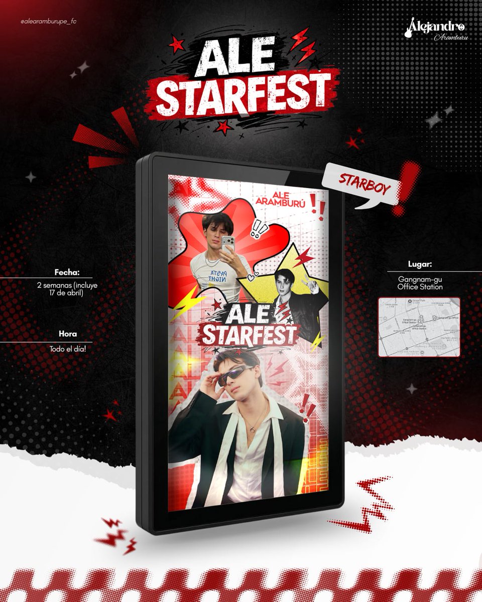 alearamburupe's tweet photo. 🚨✨ ¡YA ES OFICIAL! ✨🚨

El proyecto “ALE STARFEST | HAPPY DAY ALEJANDRO” por el cumpleañosde nuestro Ale, llegará a uno de los puntos más transitados de Seúl para celebrar y mostrar todo el cariño del fandom 🌟❤️

📍 Ubicación:
Gangnam-gu Office Station

📅 Fecha:
Durante 2 semanas (incluye el 17 de abril)

⏰ Horario:
¡Todo el día!

📌 ¿Por qué esta ubicación?
Elegimos este lugar por su gran visibilidad y el alto flujo de personas que pasan diariamente por la zona de Gangnam, permitiendo que más personas puedan ver el proyecto y celebrar juntos a nuestro Starboy ⭐

📸 Si estás en Seúl, te invitamos a visitarlo, tomar fotos o videos y compartirlos en redes para que todo el fandom pueda vivir el momento.

💌 Gracias a tod@s l@s Alelovers y fanbases que se unieron e hicieron posible este hermoso proyecto 🥹
Sigamos demostrando el amor, orgullo y apoyo al talento de Alejandro 💫

#AlejandroAramburu #AlejandroHappyDay
#AlejandroSTBV @kpopidol_en 

@alearamburuperu