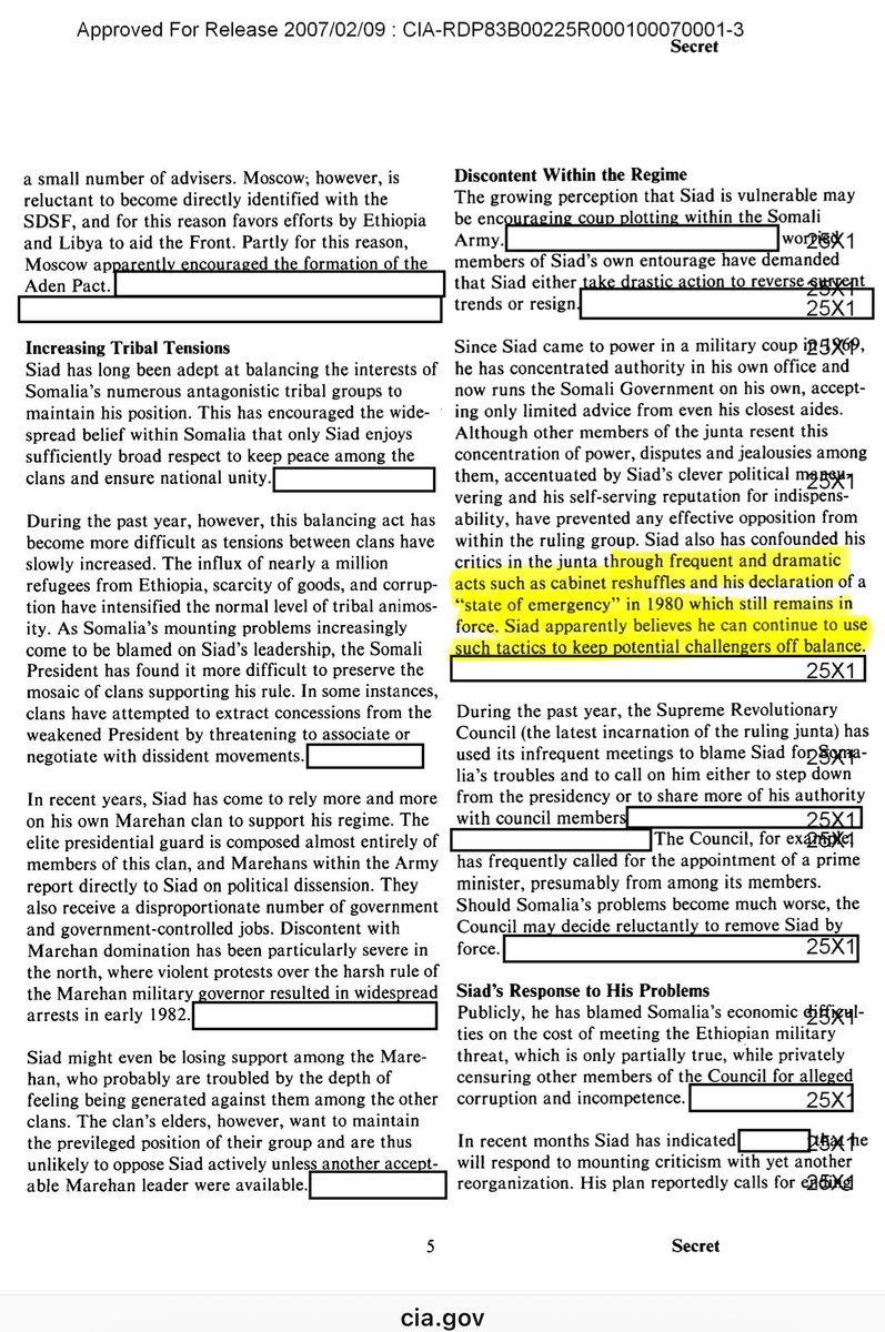 LandofPuntites's tweet photo. RINSE & REPEAT

March 1982: The CIA Saw the Trap Before Somalia Fell

This CIA assessment was written in March 1982, and it reads today like a warning from the future about how Somali leaders become isolated before they collapse.  

The report, titled Somalia: Prospects for Stability, argued that Siad Barre was likely to face a serious challenge either from within the army or from inside his own ruling circle because economic, military, tribal, and political pressures were all converging at once.

The first thing the highlighted sections show is that Siad’s danger was not only coming from Ethiopia, Libya, or the Somali Democratic Salvation Front.  

The deeper problem was internal: clan tensions were rising, corruption was spreading, goods were scarce, and nearly a million refugees from Ethiopia had added even more strain to an already fragile system.  

The CIA says Siad had stayed in power partly by balancing antagonistic clan interests, but by 1982 that balancing act was becoming harder because more Somalis were blaming him personally for the country’s mounting problems.

Siad was relying more and more on his own Marehan clan, especially in the presidential guard, the army, and government jobs, and that made other groups increasingly resentful.  

In simple terms, the state was narrowing around the ruler.  That always looks like control at first, but in reality it can be the beginning of political weakness, because once a leader trusts only a smaller inner circle, everyone outside it starts calculating for the post leader era.

The CIA says members of Siad’s own entourage were demanding that he take drastic action or resign, while he kept trying to outmaneuver critics through reshuffles, emergency rule, and sudden political moves designed to keep rivals off balance.  

This is the classic mistake of a ruler who confuses tactical maneuvering with strategic stability.  He may still be clever, but cleverness stops working when the foundations of power, loyalty, money, and coercion are all eroding at the same time.

The map strengthens that point.  It is titled Tribes and Major Clans of the Somali Nation, but it also marks mixed areas and non Somali groups, especially in the south, which shows that the CIA was studying Somalia not as one seamless national body but as a state with uneven layers of identity, geography, and control.  

Abgal is separated in the legend from the broader tribe categories, and that looks less like a neutral anthropological decision and more like an intelligence choice to single out a politically strategic clan tied to Mogadishu and the capital region.  

In other words, the map is quietly telling the reader that power in Somalia is not only about demographic size, but about proximity to the state’s nerve center.

Now bring that forward to today.  President Hassan Sheikh Mohamud has signed a new constitution after parliamentary approval, confirmed a new re election bid, and continues to govern in a period where Somalia still relies heavily on outside security backing, including recent US strikes against al Shabaab.  

At the same time, recent reporting points to violent tensions in Southwest, underscoring how fragile elite bargains and federal relationships remain.

That is the real connection between 1982 and now.  The downfall of a Somali president is usually not created in one dramatic moment.  It is built in layers: overcentralization, favoritism, elite frustration, regional distrust, and the belief that foreign support can compensate for domestic decay.  

The CIA saw that pattern in Siad Barre before the end came, and that is why this old document still feels so sharp today.  It shows how a leader can appear to be holding everything together even while the ground under him is quietly giving way.

https://t.co/E4NPDU6VB1

#Mogadishu #Puntland #SSC #Somalia #Ethiopia #Kenya #Berbera #Yemen #Libya