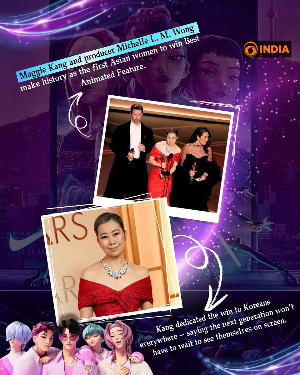 DDIndialive's tweet photo. KPop Demon Hunters wins Best Animated Feature at the Academy Awards. Director Maggie Kang delivers an emotional speech, dedicating the historic win to Koreans everywhere.
#Oscars #KPopDemonHunters #Animation #WomenInFilm #AsianRepresentation #Oscars2026 https://t.co/FObb9UPYAF