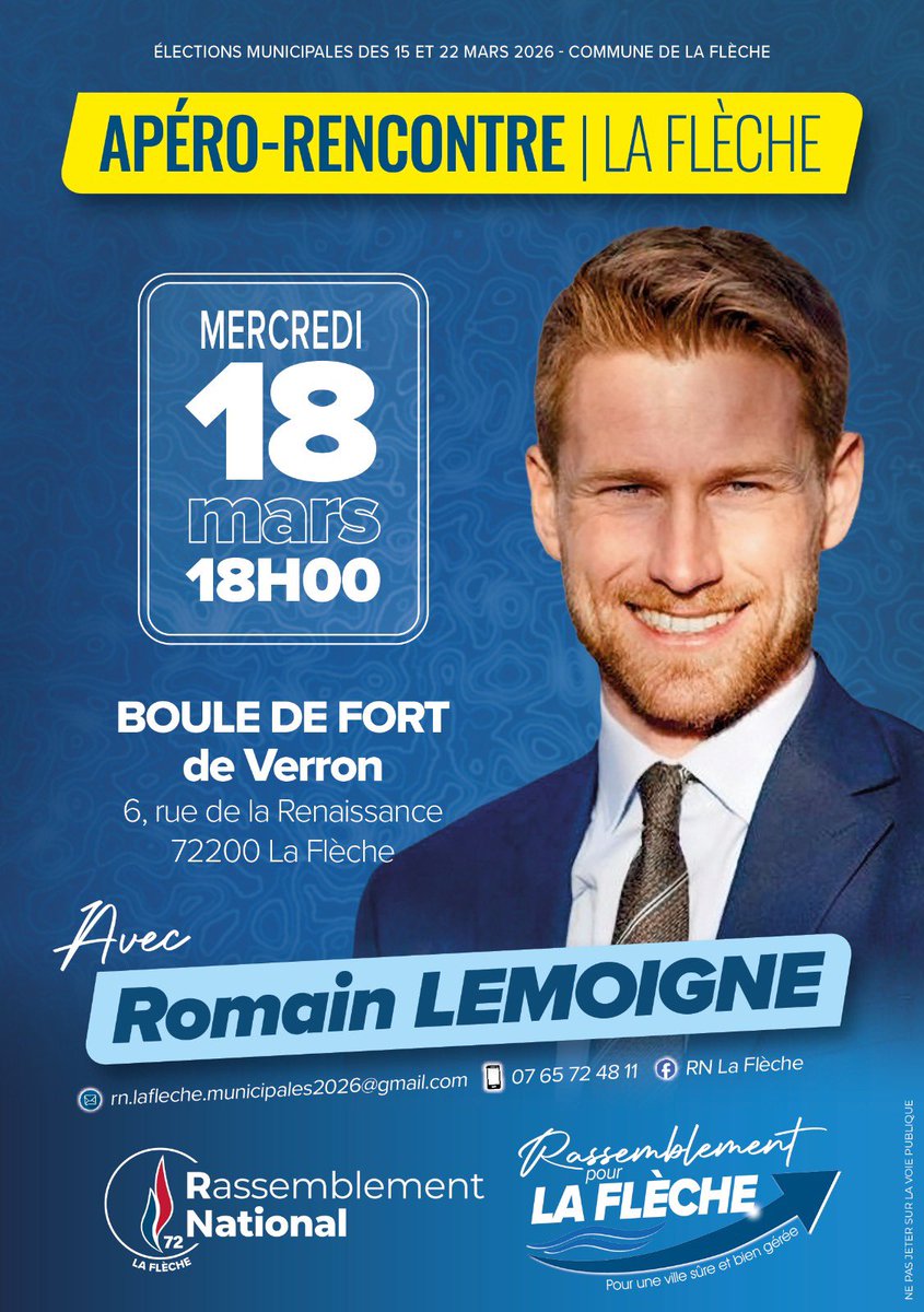 romain_lemoigne's tweet photo. 🥂Retrouvez-nous mercredi à 18h, à la Boule de Fort de #Verron (6 rue de la Renaissance - LA FLÈCHE), pour un apéro-rencontre dans le cadre des élections municipales !✨
👉Venez échanger avec vos candidats « Rassemblement pour La Flèche » sur notre projet pour la commune.
J-2 ! https://t.co/8aiOQoLXYr