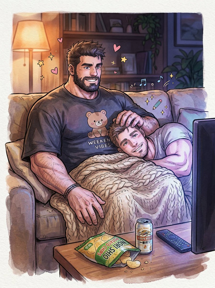 OldGinger0930's tweet photo. Is there anything better than this? Safely folded into his strong arms, a warm blanket, and nowhere else to be.
完美的週五夜晚擁抱，就是我所需要的一切。🐻💕

#AIart #couple https://t.co/OyuQlnTebD