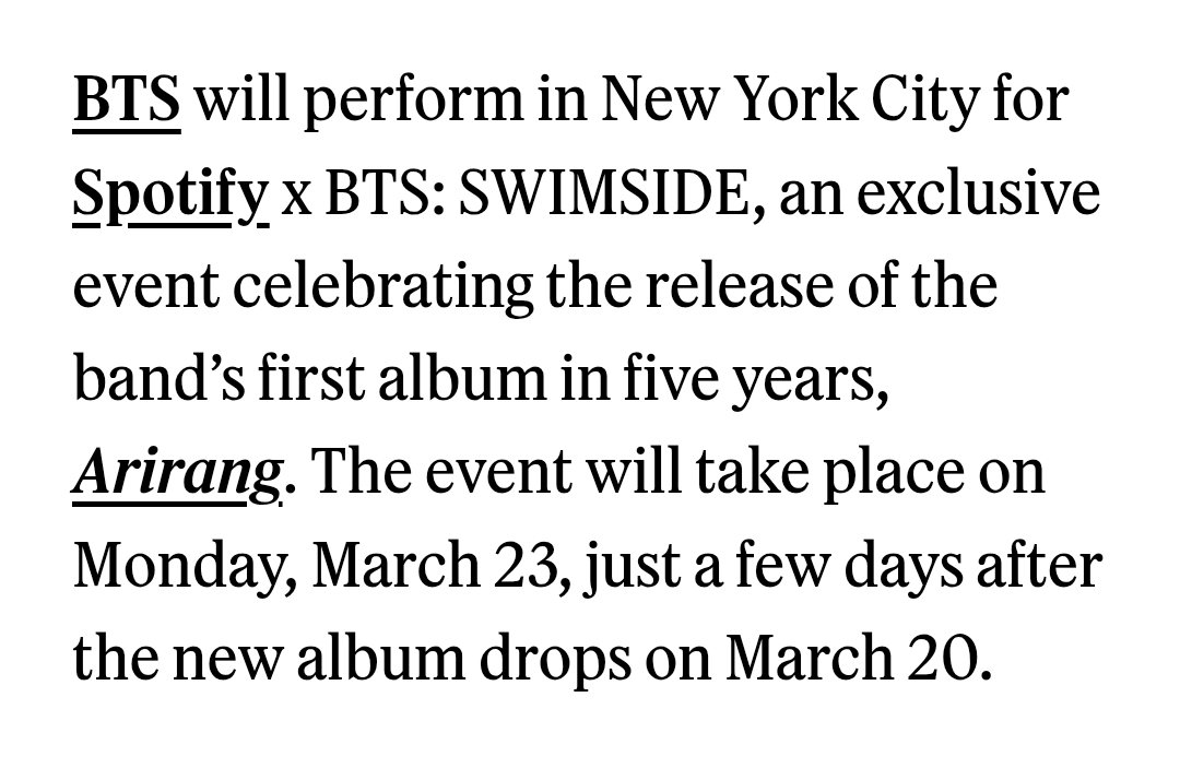 News: BTS will perform their first U.S. show in nearly four years on March 23 at a special Spotify fan event in New York City celebrating their new album Arirang.