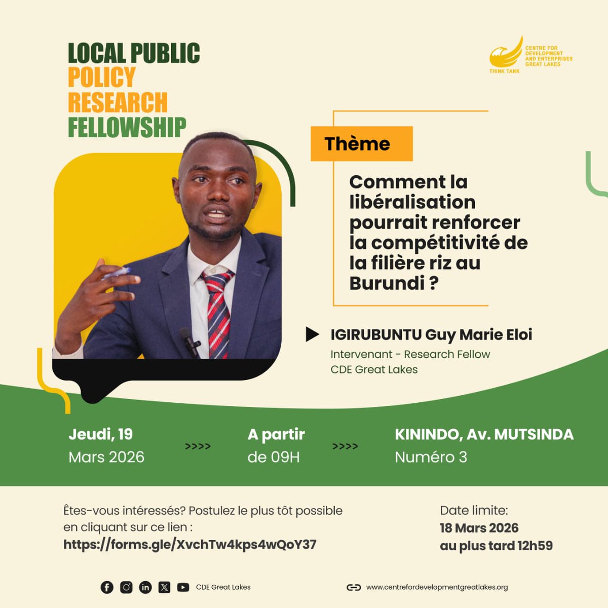 ForEnterprises's tweet photo. #LPPRF – La réflexion se poursuit au sein de notre #ThinkTank avec une nouvelle session du Local Public Policy Research Fellowship, qui se tiendra jeudi 19 mars 2026 à partir de 09h, au siège du CDE Great Lakes (Kinindo, Avenue Mutsinda, N°3).

🎯 Cette rencontre portera sur le thème :
« Comment la libéralisation pourrait renforcer la compétitivité de la filière riz au Burundi ? »

Igirubuntu Guy Marie Eloi, Research Fellow au CDE Great Lakes, y présentera ses travaux portant sur les enjeux liés à la compétitivité et au développement de la filière riz au Burundi.

La présentation sera suivie d’un panel de #discussion afin d’approfondir les perspectives soulevées et d’enrichir le #débat.

📌 Participation sur inscription uniquement
🕓 Clôture des inscriptions : 18 mars 2026 à 12h00
🔗 Formulaire d’inscription :
https://t.co/l6JThkVwrg