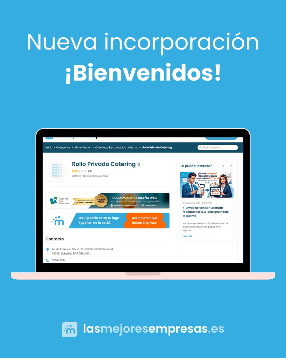 Info_LME's tweet photo. ✨¡Rollo Privado Catering, bienvenidos a Lasmejoresempresas! ✨
 
 👇
 🔗https://t.co/chZ0lJfdBI
 
 ✅ Accede a tu panel privado y pon en tu web el Sello de Empresa Verificada.
 
#EmpresasDestacadas #DirectorioEmpresas #VisibilidadOnline #SEO #Sabadell https://t.co/7EkDq682Gc