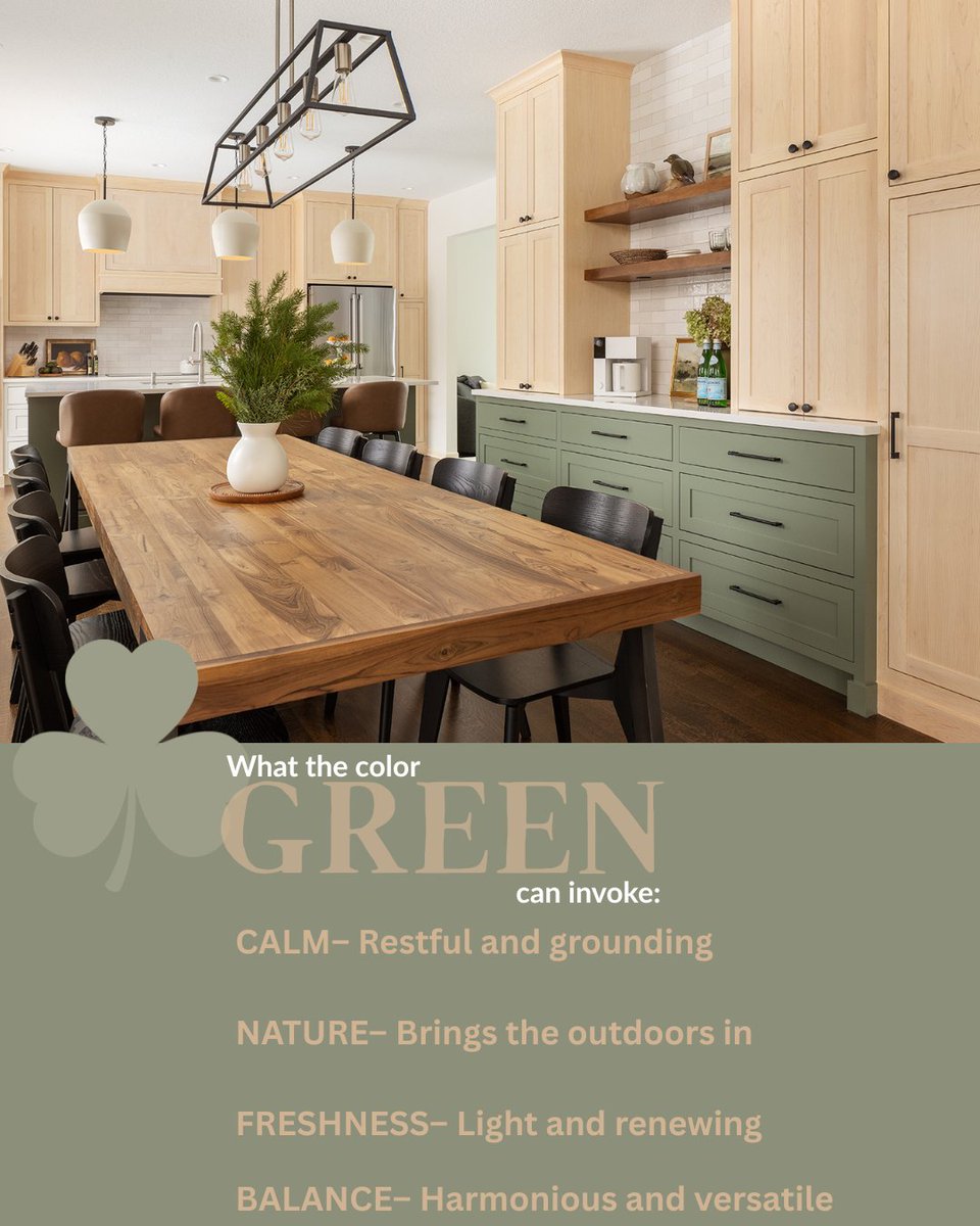 BoyerBuilding's tweet photo. Yes we are anticipating St. Patrick's Day...but we also ALWAYS love a good green in an interior!!  Do you know what green typically communicates in interiors?

* Calm and restoration - Green sits in the middle of the color spectrum, so our eyes process it easily. That’s why it often makes a room feel restful and grounded—similar to being outside.

* Connection to nature - A green of any shade naturally evokes trees, grass, gardens, and landscape. Even in a more modern home, green subtly pulls the outdoors in.

*  Freshness and renewal - Because it’s tied to growth and spring, green can make a space feel alive and refreshed without being loud.

* Stability and balance - Unlike high-energy colors like red or orange, green tends to feel steady and reassuring. It’s a color that makes people settle in.

So many great things can come when considering a green for your rooms!

Photo:

Lead designer, Cherie Poissant, CAPS | Boyer Building
Photography | Landmark