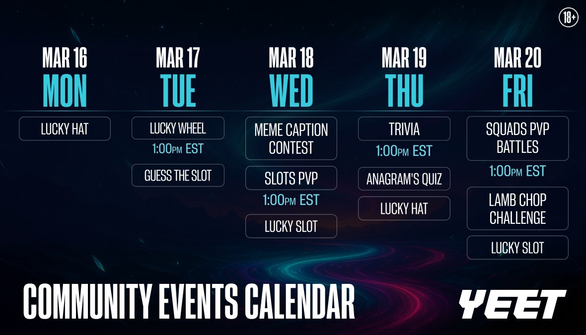 Check out this week's YEET Community Events!         

Set your alarms. Turn on notifications, get involved for a chance to win.          

YEET it!