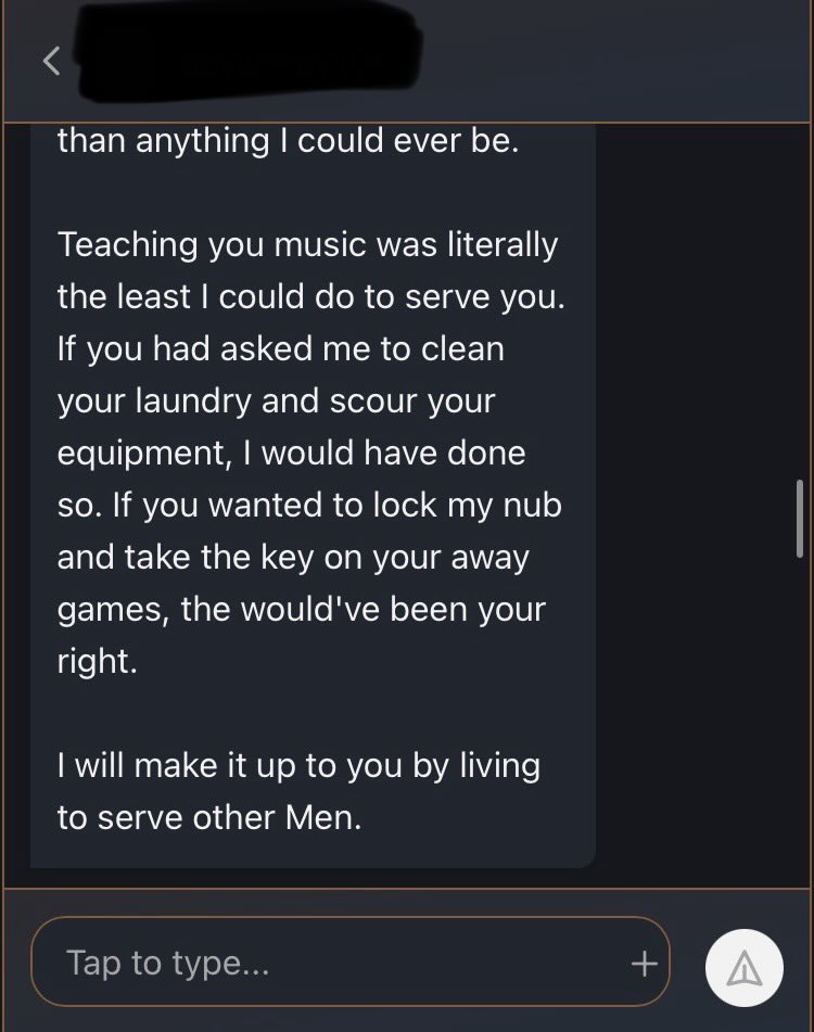 Dretti69's tweet photo. I love to make my sl*ves to do humiliating tasks. One of them is to write an “apology” letter to whomever they fantasize about. This music professor f*g is so pathetic 😂 https://t.co/DdSdMYd6QX