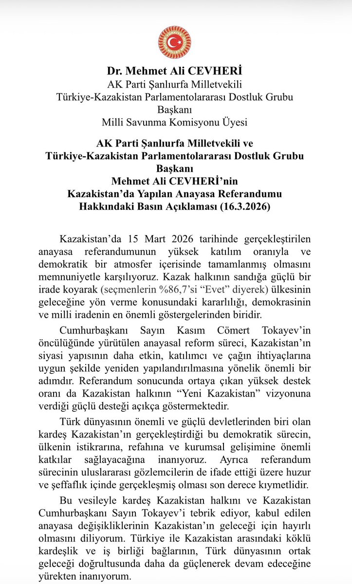 malicevheri's tweet photo. Kazakistan’da gerçekleştirilen anayasa referandumunun yüksek katılımla ve demokratik bir atmosfer içinde tamamlanmasını memnuniyetle karşılıyoruz. Kardeş Kazakistan halkını ve Cumhurbaşkanı Sayın Kasım Cömert Tokayev’i tebrik ediyor, sürecin ülkenin geleceği için hayırlı olmasını diliyorum.
#Kazakistan
@KZEmbassyTR