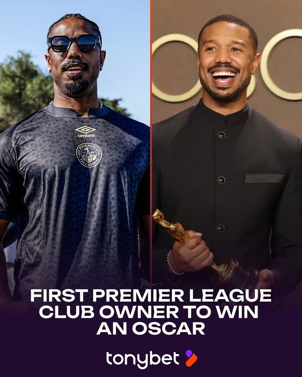 tonybet_ca's tweet photo. Michael B. Jordan makes Premier League history 🎬⚽

The AFC Bournemouth minority owner has become the first Premier League club owner to win an Academy Award, taking home Best Actor for "Sinners" last night 🏆 https://t.co/w0Hq0q7Sdy