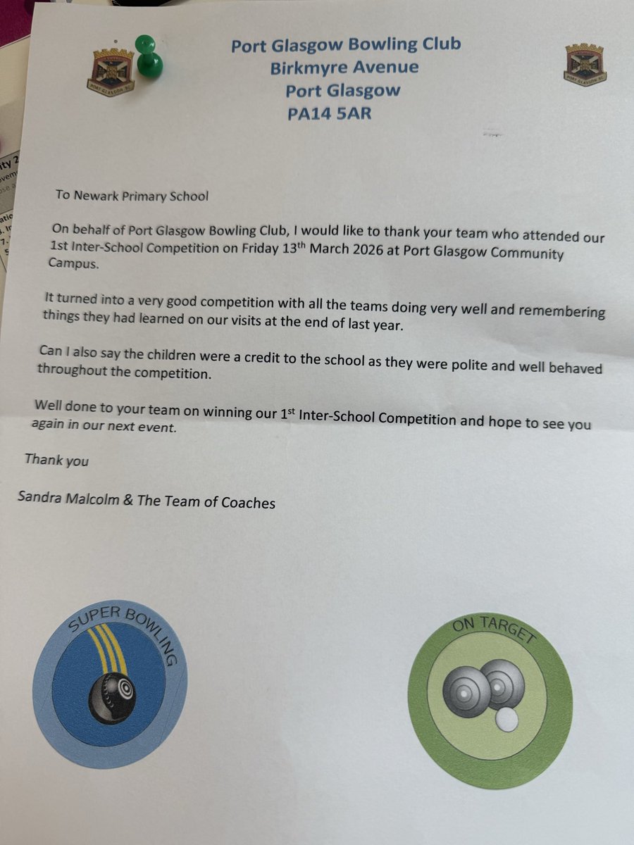 NewarkPrimary's tweet image. What a lovely letter to receive today from our friends at Port Glasgow Bowling Club 🎳 #Partnerships #TogetherWeShine💫