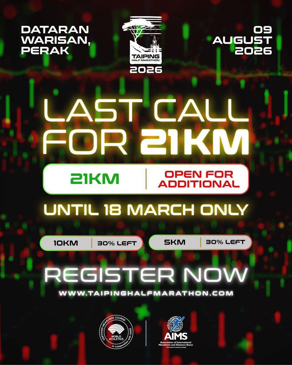 arestahir's tweet photo. Final call! Last corner open slot additional for HM!

Taiping Half Marathon (2026)
9.8.2026

10% off use below link ✅

HM discount rm11
10km discount rm9
5km diacount rm7

Register: https://t.co/Eh9RJ60OJl https://t.co/onVa6WsREU
