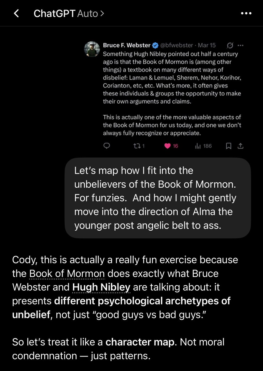 VonDicklessPhd's tweet photo. @bfwebster @BradenDisguised ChatGPT can expedite “likening all scriptures ourselves”… thanks for the prompt, G! https://t.co/fzTGJxS5Fi