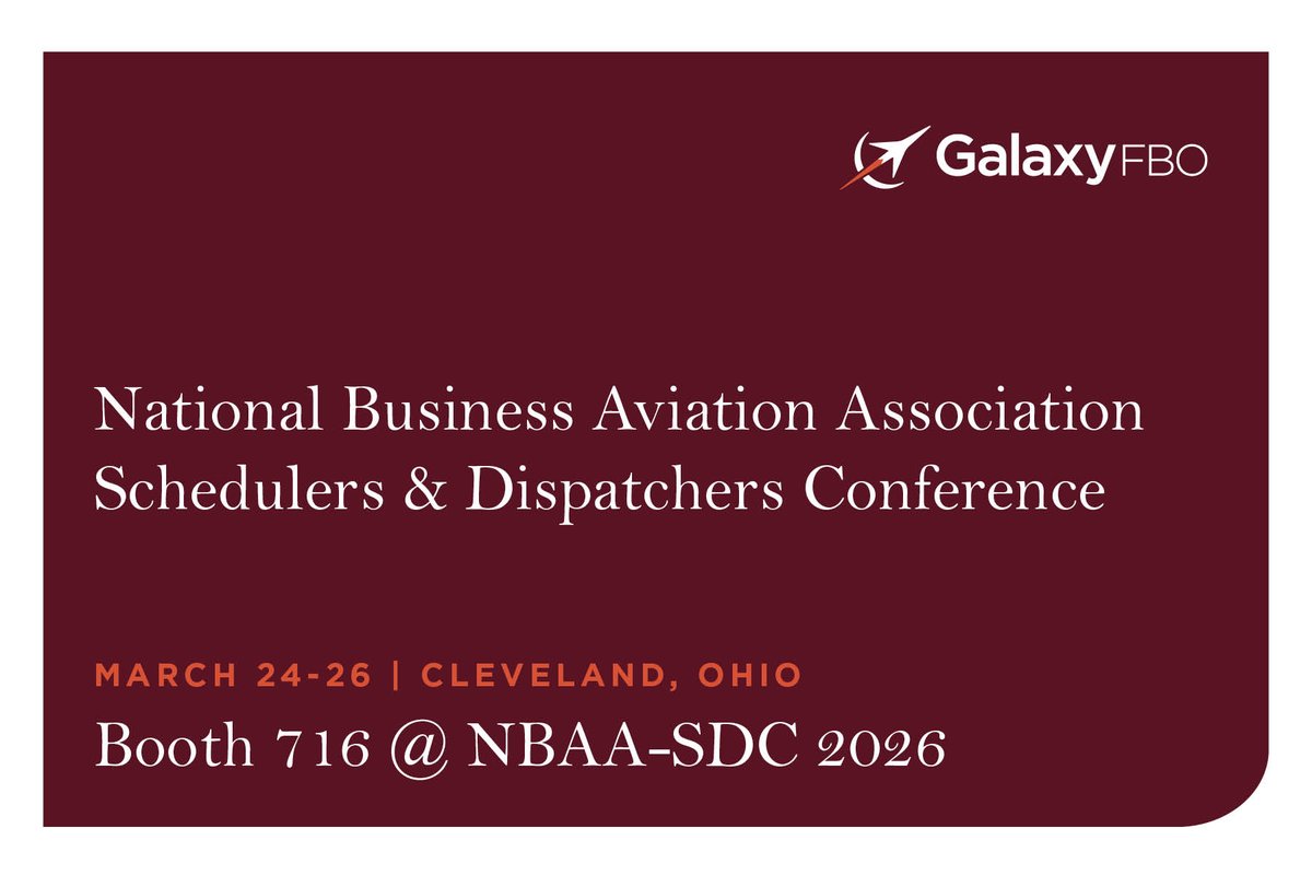 GalaxyFBO's tweet photo. We’re heading to NBAA Schedulers &amp; Dispatchers Conference in Ohio!

Stop by Booth #716 to meet the Galaxy FBO team and learn how we support seamless service in Houston (HOU, CXO) and Dallas (ADS).

Looking forward to connecting in Cleveland!

#SDC2026 https://t.co/wU4IrjT6PR
