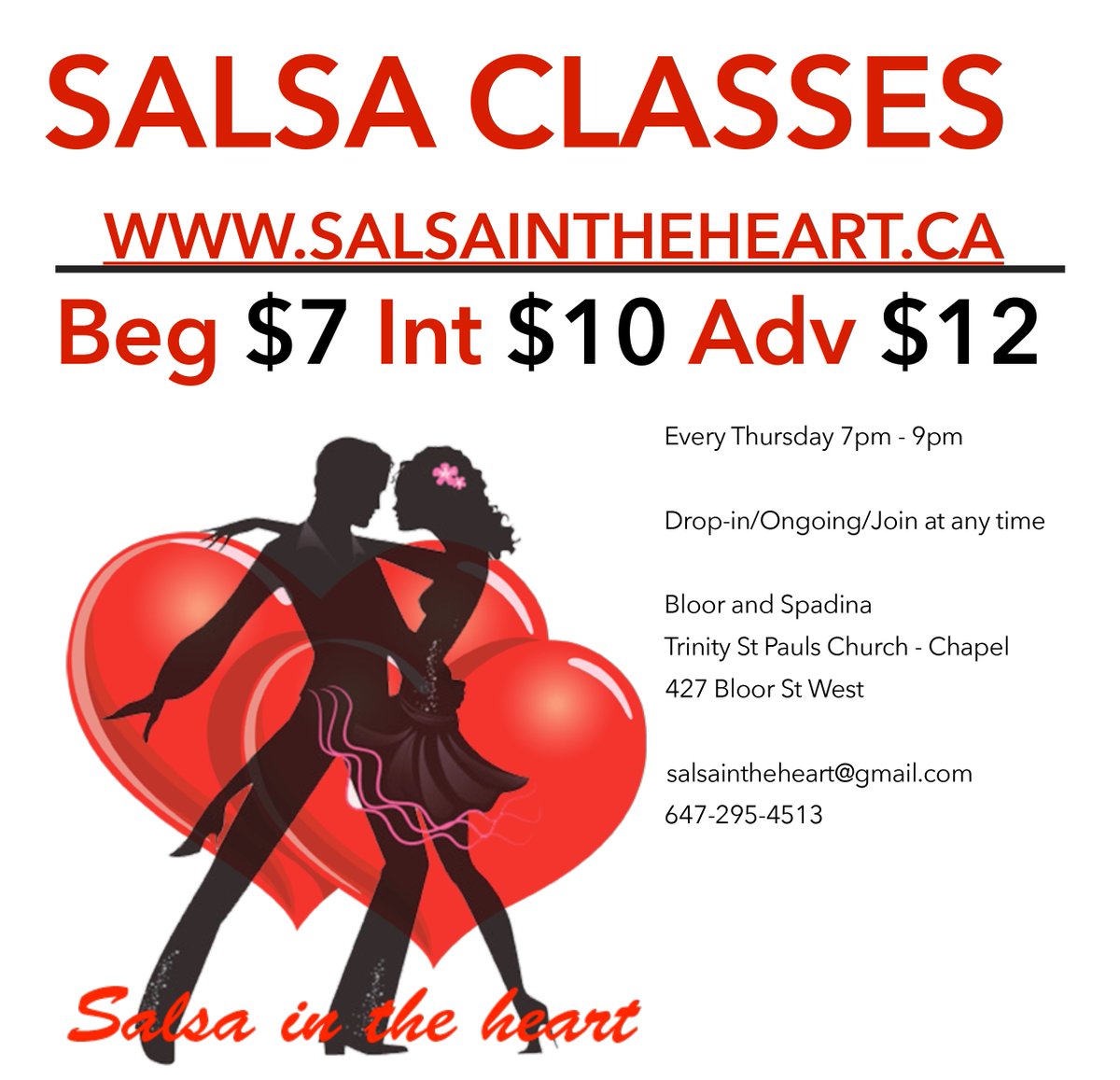 salsaintheheart's tweet photo. $7 Salsa/Bachata Beginner Classes, $10 Salsa Int, $12 Salsa Adv -  every Thursday at 7-9pm at 427 Bloor St West - Trinity St Pauls #toronto #gta #torontolife #thesix #torontosalsa #torontobachata #salsa #salsaClasses #salsaLessons #dance #Latin #lessons https://t.co/YMEXqncnyt https://t.co/srEVLSC55P