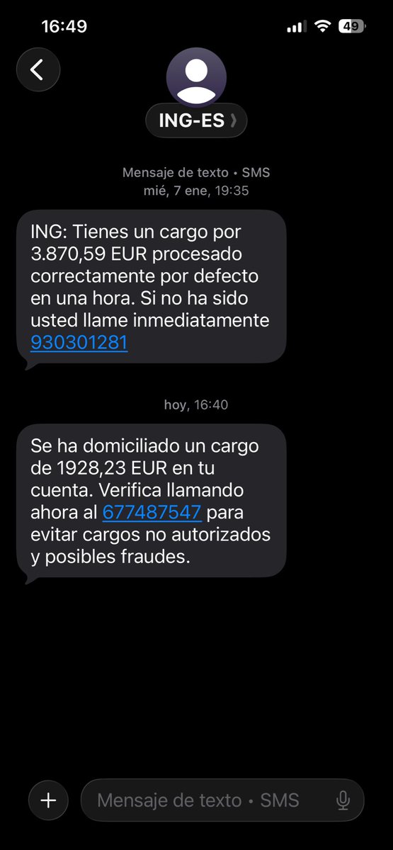 CarlosASM22's tweet photo. @ING_es SMS fraudulentos, adopten medidas! Si los has recibido NO LLAMES NUNCA https://t.co/HnB5ddCpBj