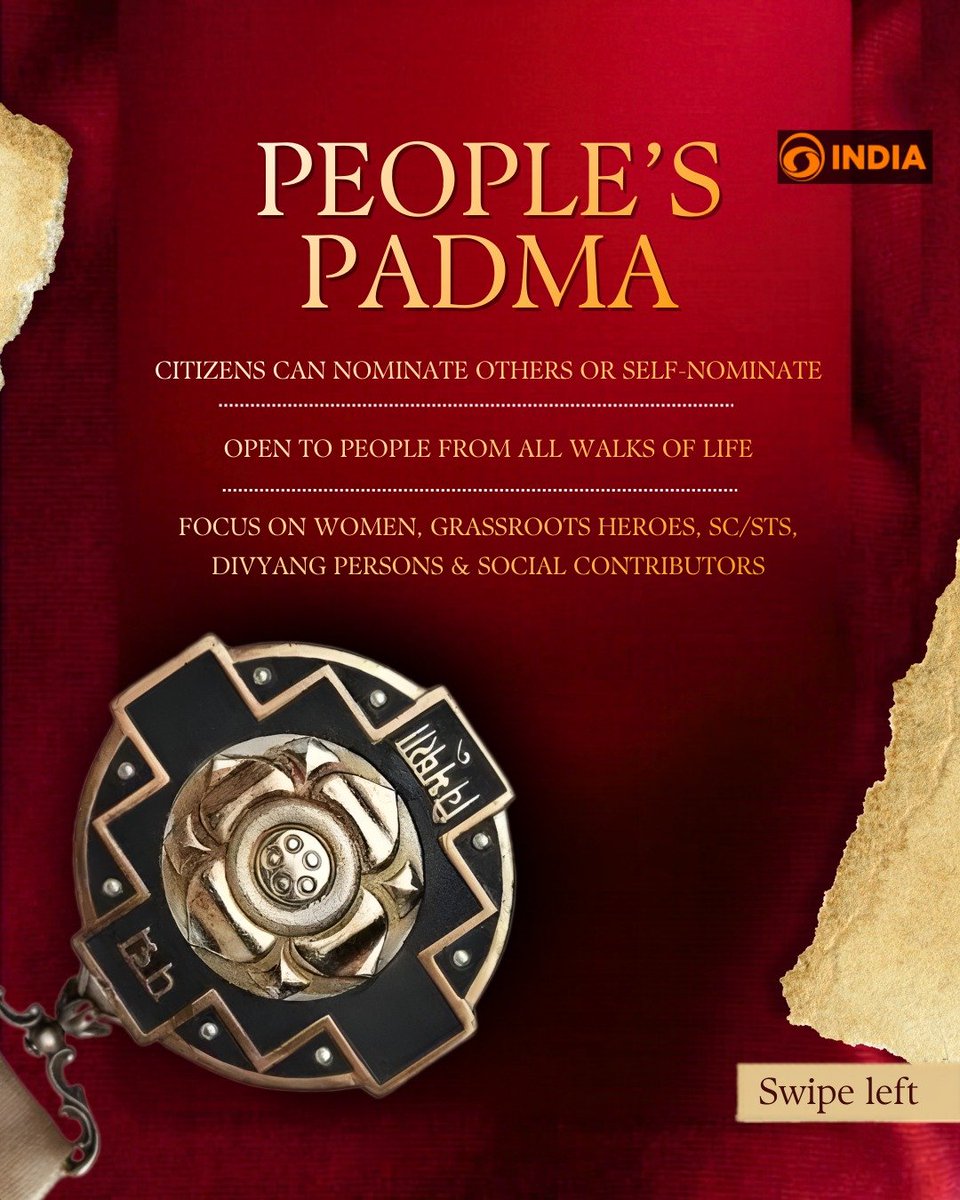 DDIndialive's tweet image. Nominations for the Padma Awards 2027, to be announced on Republic Day 2027, opened on 15 March 2026. The last date to submit nominations is 31 July 2026.

#padmaawards #peoplespadma #RepublicDay #RepublicDay2027