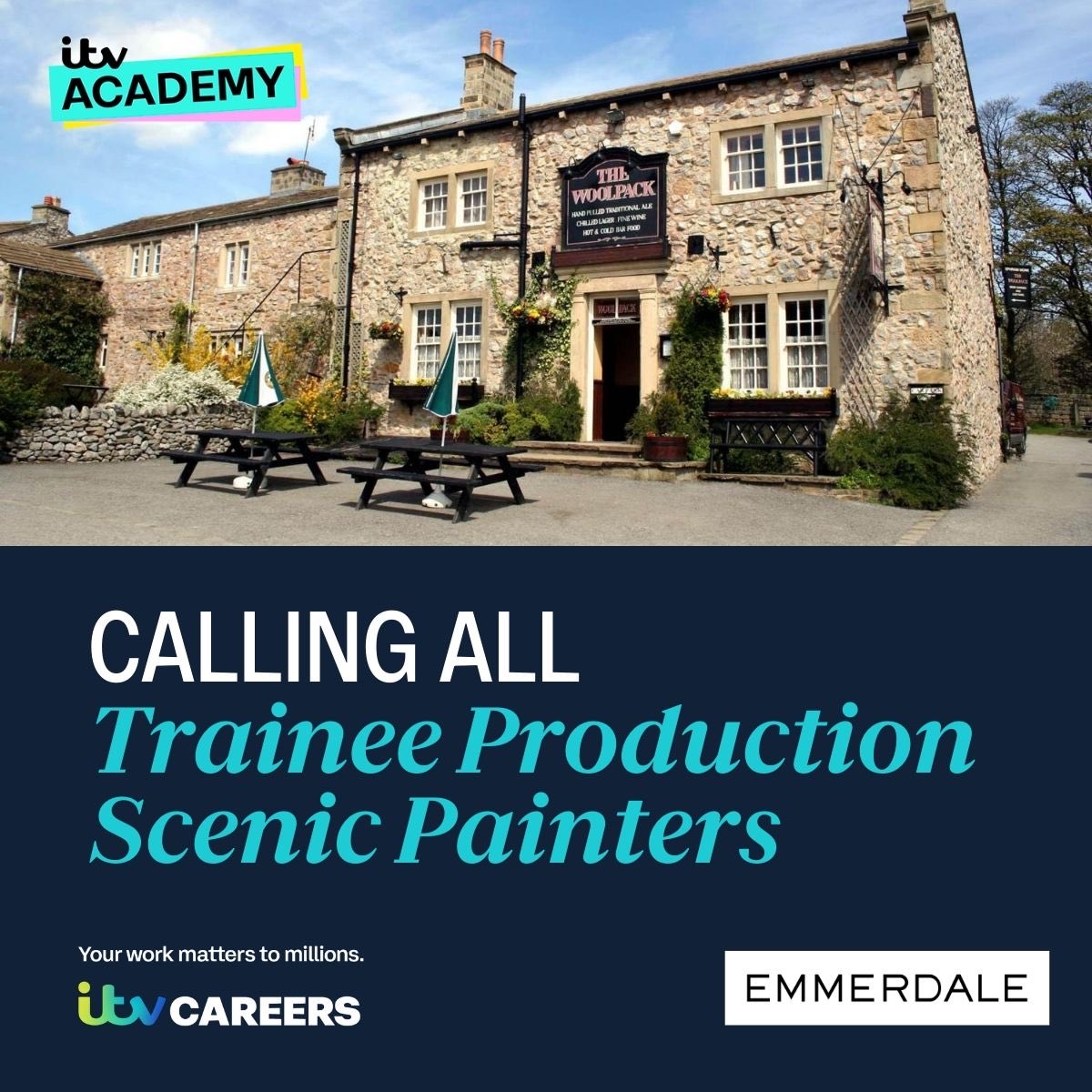 ItvAcademy's tweet photo. 🎨 Ever wanted to paint the world of TV?

Step behind the scenes of Emmerdale and bring the village of Hotten to life as a Trainee Production Painter! https://t.co/rXpw1xtM0n