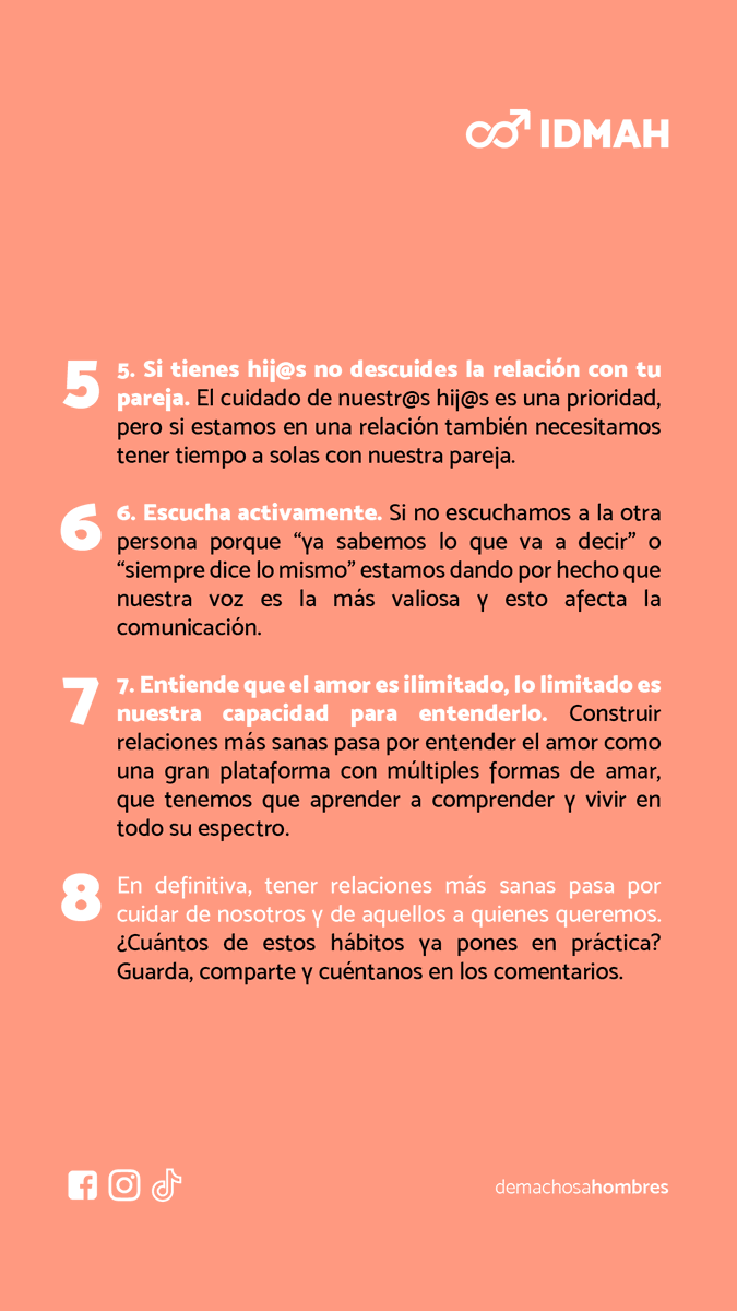 machosahombres's tweet photo. 7 recomendaciones para construir una relación sana

¿Cuántos de estos hábitos ya pones en práctica? Guarda, comparte y cuéntanos en los comentarios

#demachosaHOMBRES #MasculinidadConsciente #Reflexion #RelacionSana #EscuchaActiva https://t.co/oBCNYZe0Ht