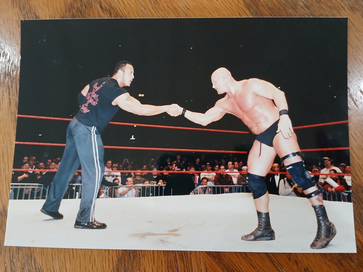 dirkdiggler1525's tweet image. Happy #316Day! 🖕🖕

Here's a type 1 original photo from Blackjack Brown's collection. 

I bet The Rock took a Stone Cold Stunner immediately after that handshake! 🍻 #StoneColdSteveAustin #TheRock