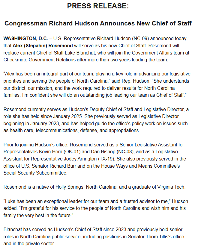 APDillon_'s tweet photo. INBOX from @RepRichHudson - New chief of staff announced: Alex Rosemond
#ncpol #nc09 https://t.co/Ydb1MtOdAM