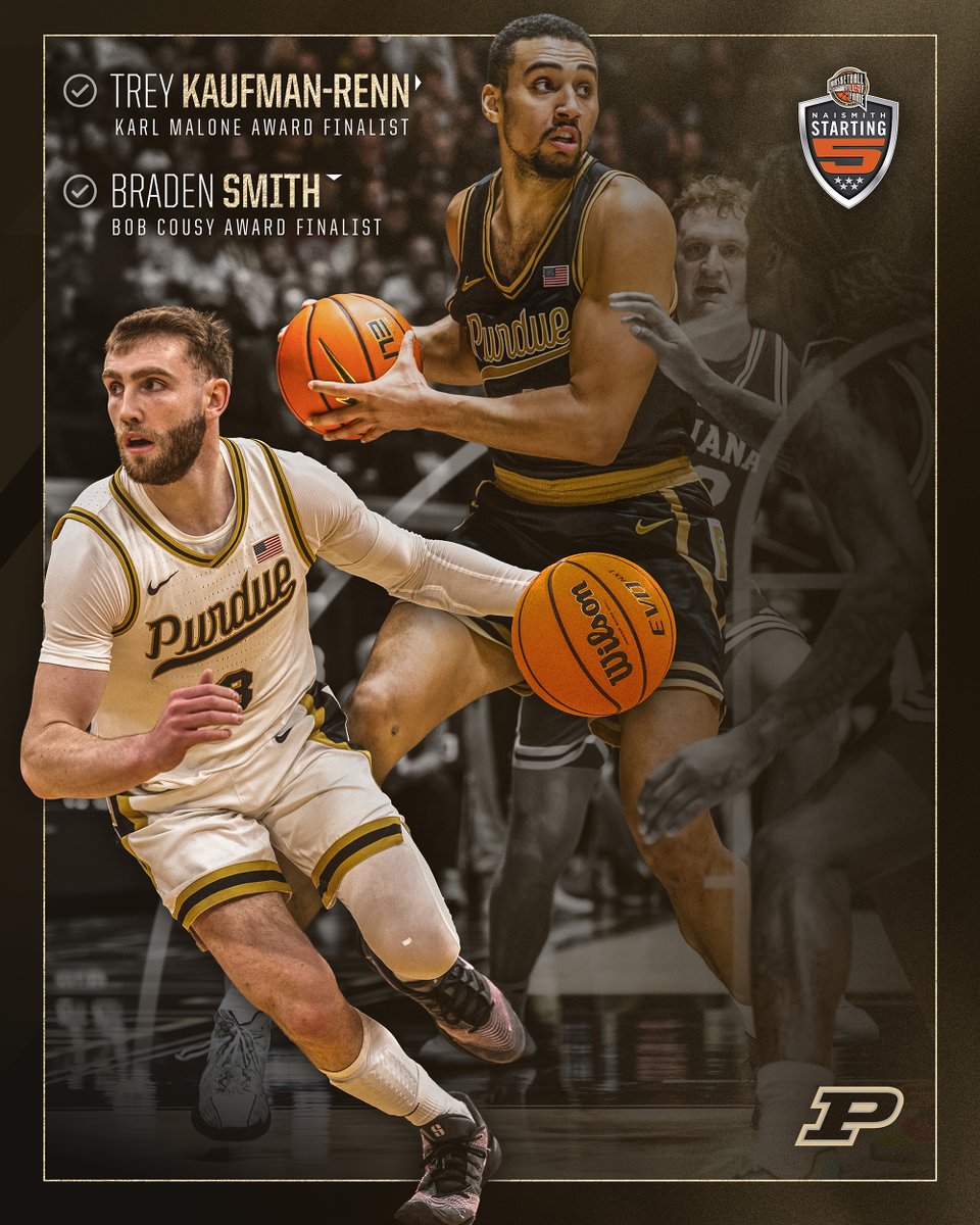 PurdueAlumni's tweet image. Boiler Up, Hammer Down, and show some love! 
 
Finalists for the 2026 @Hoophall Starting 5 have been announced, and @BoilerBall seniors Trey Kaufman-Renn and Braden Smith made the cut. Get in the game and cast your votes 👉 purdue.university/3Nq9AxO