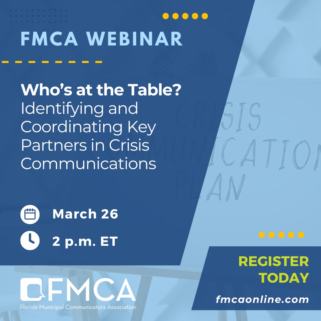 FMCAonline's tweet photo. Join us next week for a practical webinar on intergovernmental crisis communications and learn how to quickly coordinate with the right partners to deliver accurate, consistent information to the public. 

Register now at https://t.co/MsTE9S46Uj. https://t.co/kmfoMFXWrY