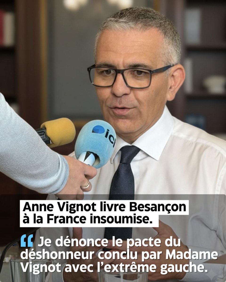 CroizierLaurent's tweet photo. #Besançon #Municipales2026
𝗔𝗻𝗻𝗲 𝗩𝗶𝗴𝗻𝗼𝘁 𝗹𝗶𝘃𝗿𝗲 𝗕𝗲𝘀𝗮𝗻𝗰̧𝗼𝗻 𝗮̀ 𝗟𝗮 𝗙𝗿𝗮𝗻𝗰𝗲 𝗜𝗻𝘀𝗼𝘂𝗺𝗶𝘀𝗲

Je dénonce le pacte du déshonneur conclu par Madame Vignot avec La France Insoumise pour le second tour. 

ll trahit l’héritage politique de Besançon. https://t.co/pryE00cI2B