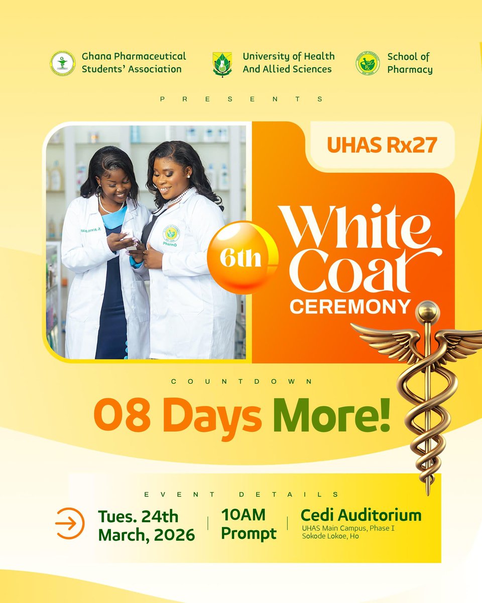 Uhas_Gpsa's tweet photo. 8️⃣Days.🔥🔥🔥🤏🏻1 Coat.🥼 Infinite Responsibility. 💼
The countdown to the White Coat Ceremony is ON🔥🔥 for UHAS Rx27. 🥳🥳🤩
Witness the transition as we step into our purpose at the Cedi Auditorium. 📍
Don't be late—we're starting 10 AM prompt! 🧪✨
#WhiteCoatLoading
#Rx27 https://t.co/h8BO2FDW9c