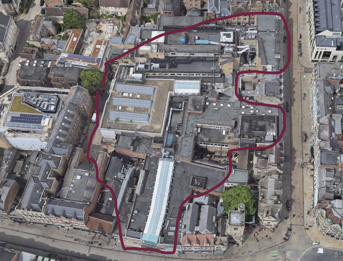 Central Oxford is to gain a pleasant vernacular neighbourhood on the site of a particularly grim 1980s shopping mall. I have roughly outlined the awful stuff they are demolishing, to be replaced with new streets of limestone vernacular-classical buildings.