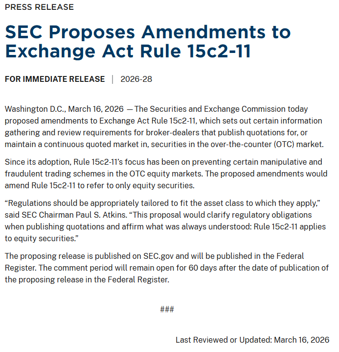 808CG1's tweet photo. MMTLP #FAFO #Relentless

🚨🚨Press Release: SEC Proposes Amendments to Exchange Act Rule 15c2-11🚨🚨

For Immediate Release. 2026-28

The SEC’s new proposal to amend Rule 15c2‑11 raises important questions for MMTLP and the broader OTC market. The SEC announced it intends to clarify that Rule 15c2‑11 applies only to equity securities, reaffirming that the rule’s purpose is to prevent fraud and manipulation in OTC markets. 

Chairman Atkins emphasized that regulations must be “appropriately tailored to fit the asset class.”

But this clarification highlights a long‑standing issue: MMTLP was never a traditional equity security. It was a non‑trading placeholder that became tradable only because two market makers activated it in 2021 without issuer involvement, without a Form 211, and without the disclosures Rule 15c2‑11 normally requires.

Yet it traded for 14 months.

And when regulators finally intervened, they did so through a sudden U3 halt that left investors with no market, no transparency, and no recourse.

If Rule 15c2‑11 is now being formally narrowed to equity securities, the natural question becomes: How was MMTLP allowed to trade at all under a rule that was never designed for it?

This is the core regulatory gap that must be addressed. The issuers (Meta Materials) had no control. Investors had no warning. And the framework governing OTC quotations was misapplied from the start. Even after numerous attempts were made by the issuers to FINRA and the SEC to stop the trading that was initiated in October 2021 by the regulators.

As the SEC revisits 15c2‑11, our focus remains the same: full transparency, release of factual records, and a clear explanation of how a placeholder security entered the market without the protections the rule was meant to provide.

MMTLP wasn’t an anomaly, it exposed a structural flaw. Fixing that flaw is essential for restoring trust in the system. 

65,000 retail investors have been held captive for 1,193 days. How many more "flaws" need to be identified by you before you address the injustices of retail investors in MMTLP? 

How much regulatory capture does it take for others to see what extremes an organization will go through just by the appearances it set? 

As an example, the approval of a standard S-1 from Next Bridge Hydrocarbons that was originally submitted to the SEC on 1/23/2023? That is 1,148 days ago. Guess what, Next Bridge is still addressing SEC comments. Anything funny with that?

Share to keep this conversation moving forward.
@JDVance @FinancialCmte @BankingGOP @annvandersteel @JasonLeopold @palikaras @johnbrda 

https://t.co/UR0flqVnTk