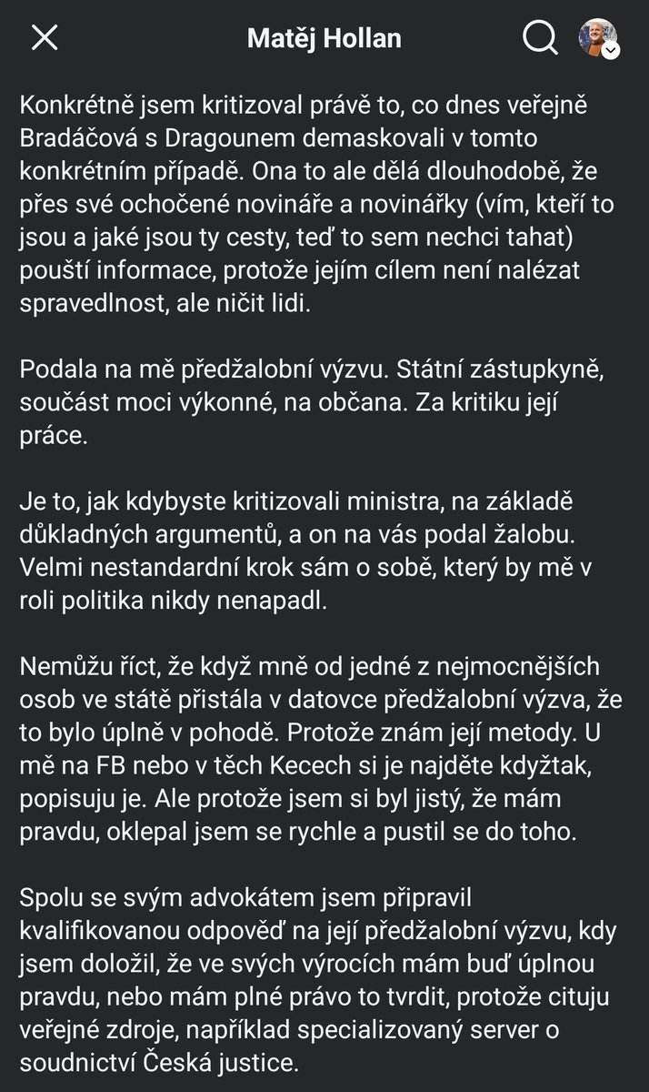 Sima_Ondra's tweet photo. Že bych někdy byl politicky blízko k Matěji Hollanovi, to si asi nikdo myslet nemůže 😁

Ovšem tento jeho text přesně ukazuje, co je státní zástupkyně Lastovecká zač. Sám jsem o tom v minulosti napsal několik textů. 

Na tom jde vidět, že starost o právní stát v Česku jde napříč politickými názory.

Díky Matěji ✌️