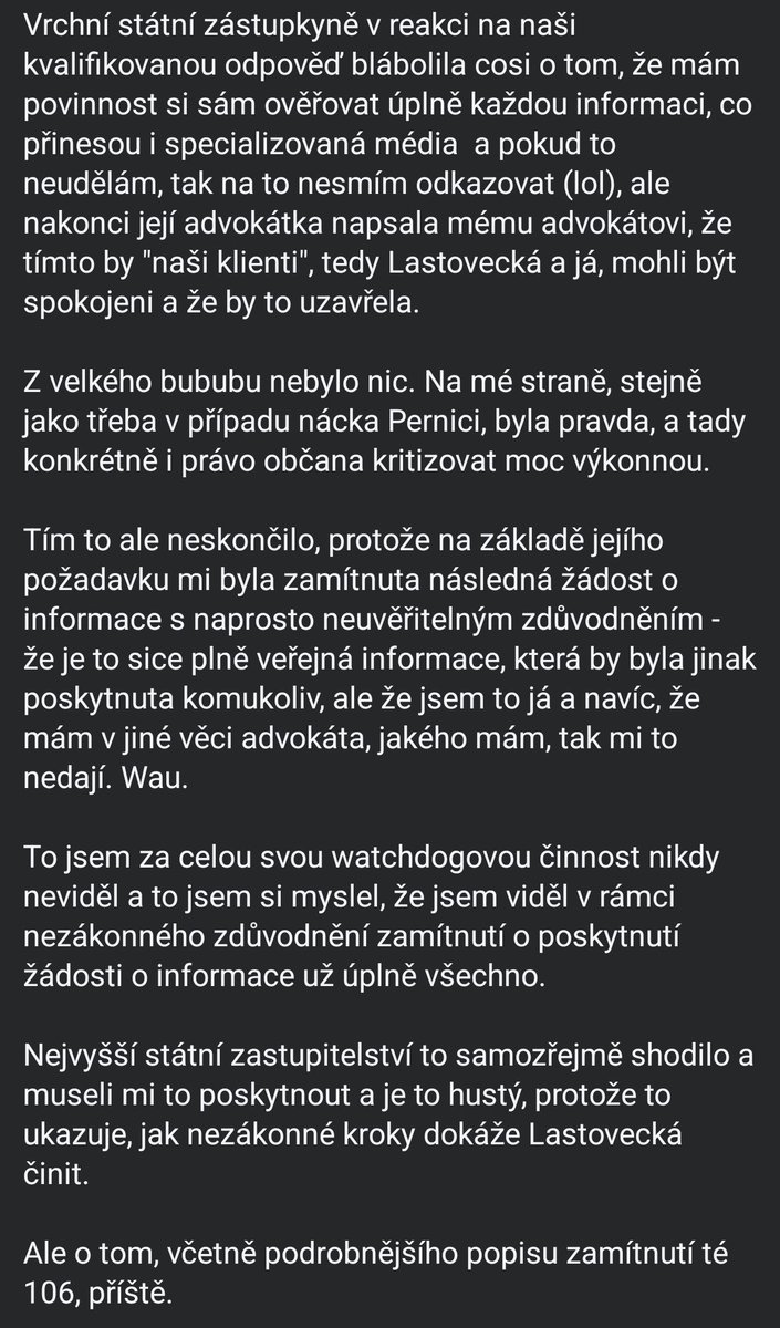Sima_Ondra's tweet photo. Že bych někdy byl politicky blízko k Matěji Hollanovi, to si asi nikdo myslet nemůže 😁

Ovšem tento jeho text přesně ukazuje, co je státní zástupkyně Lastovecká zač. Sám jsem o tom v minulosti napsal několik textů. 

Na tom jde vidět, že starost o právní stát v Česku jde napříč politickými názory.

Díky Matěji ✌️