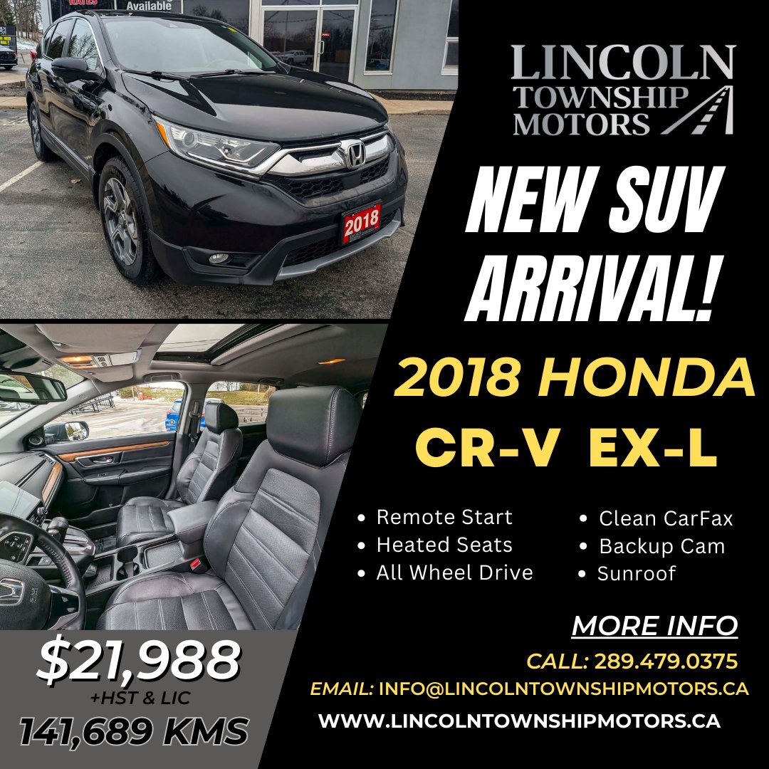 New SUV Arrival!
2018 Honda CR-V EX-L
- On for $21,988+Tax &amp; Lic
- 141,689 kms
- Clean CarFax 
- Remote Start
- Loaded with Features
 
Give us a call today for more info
📞289-479-0375
📧info@lincolntownshipmotors.ca

Visit our website for more info >
lincolntownshipmotors.ca/vehicles/2018/…