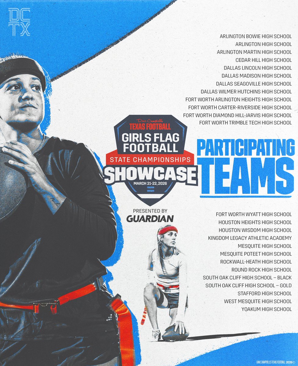 dctf's tweet photo. Introducing the teams that will be participating in the Dave Campbell’s Girls Flag Football State Championships Showcase this coming weekend, presented by @Guardianloop! 🚨

Will we see y’all in Arlington on Saturday and Sunday? https://t.co/DjQdBf56iu