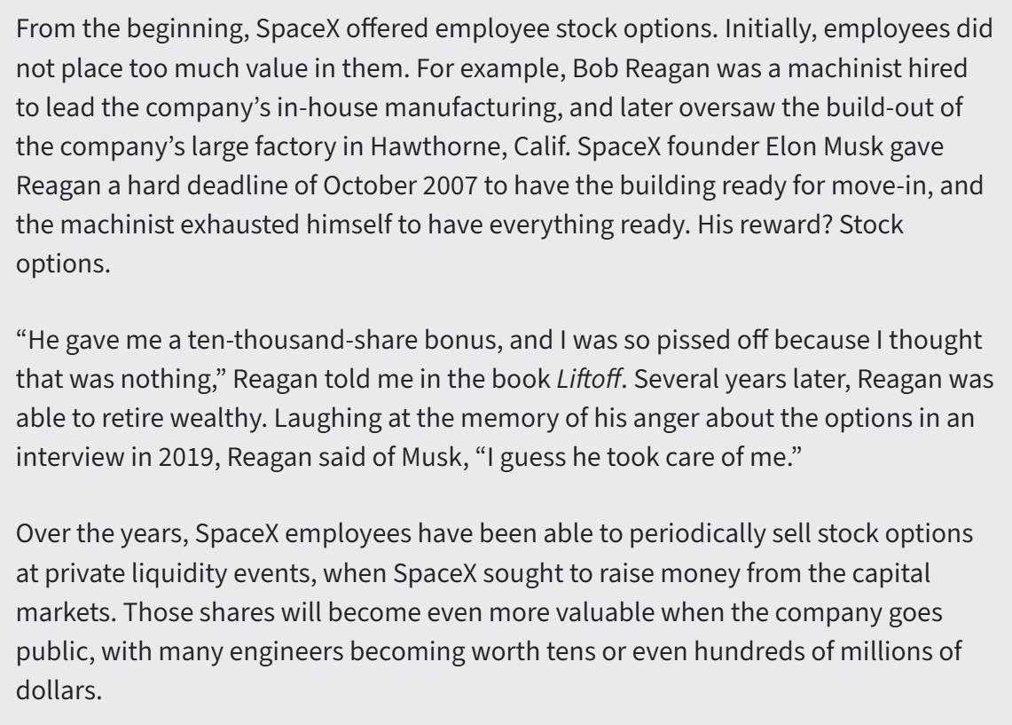 StockCompGuru's tweet photo. Part of a recent @arstechnica article (below) on #SpaceX and @elonmusk jumped out at us. Elon Musk has been a big believer in stock options at his companies, first at Tesla (which now grants RSUs) and later SpaceX, which has been an innovator in creating liquidity for private company equity grants. Employees have had regular opportunities to participate in sale programs. (Article link in the next post.)