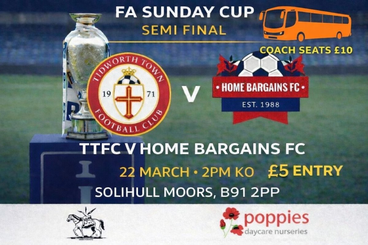 TidworthTownFC1's tweet photo. ๐ FA Sunday Cup Semi Final
๐ด Tidworth Town FC
๐ Home Bargains FC
๐
22 March
โฐ 2PM KO
๐ Solihull Moors, B91 2PP
๐ ยฃ5 Entry
๐ Coach seats available โ ยฃ10
get behind the lads and push for the final! ๐ดโฝ #TTFC #SundayCup
Website for tickets
https://t.co/oNGTRuPvaY https://t.co/Qbm8SekY2J