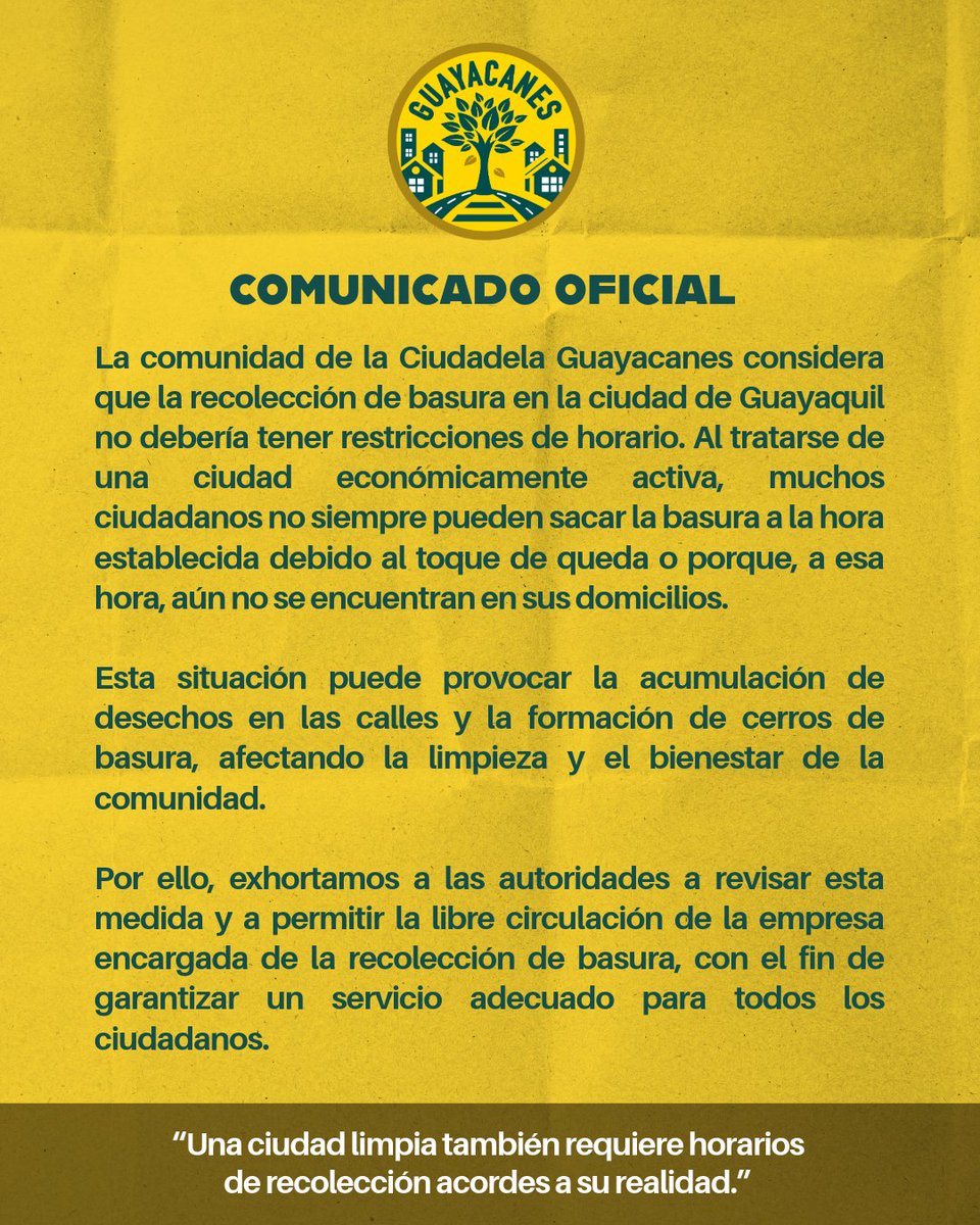 Cdla_Guayacanes's tweet photo. Una ciudad limpia necesita horarios de recolección acordes a su realidad. Desde Guayacanes pedimos revisar esta medida en Guayaquil.
@urvaseo @JohnReimberg @AseoGYE @DanielNoboaOk @alcaldiagye https://t.co/TnxHmCimLm