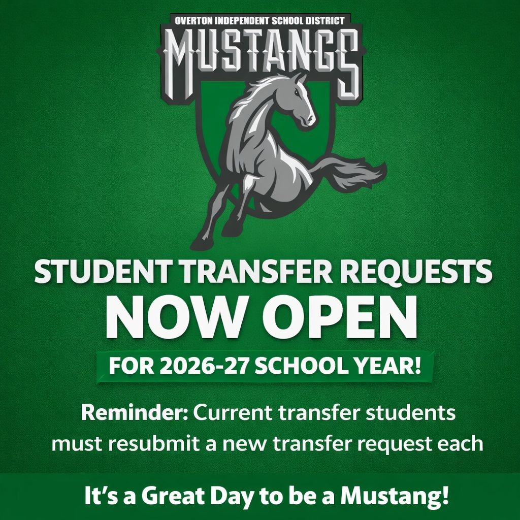 OvertonISD's tweet photo. Overton ISD is now accepting student transfer requests for the 2026-27 school year.
Please note that all transfer students, including those currently attending Overton ISD, must submit a new transfer request form each year for consideration.
Visit our webpage for the online form. https://t.co/Sea4Mg8vMU
