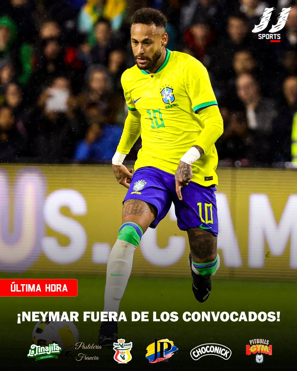 oficial_sports's tweet photo. ¡NEYMAR FUERA DE LA LISTA DE CONVOCADOS EN BRASIL! ⚽️🇧🇷🚨💥

Neymar Jr. no fue convocado por Carlo Ancelotti para afrontar los partidos amistosos contra Francia y Croacia previo a la Copa del Mundo.

#jjsportsoficial #neymarjunior #brasil #canarinha #internacional https://t.co/luuBhSvpwQ