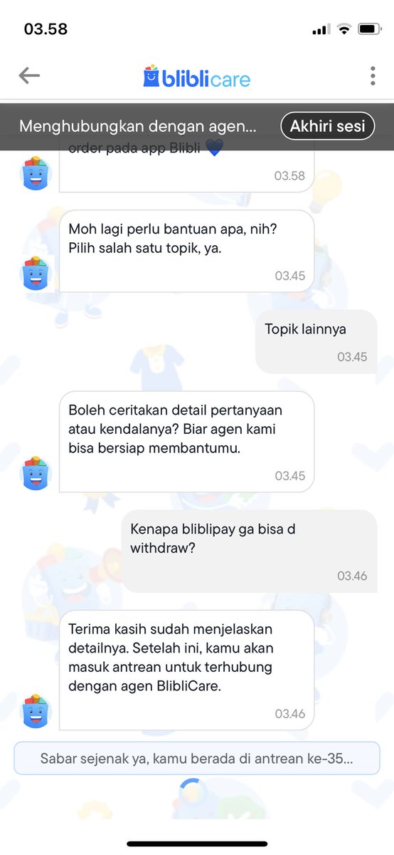 _ipink_'s tweet photo. @BlibliCare susah banget terhububg sama CS BliBli ni. Masih junggu antrian dikasih notif kek gini. Aneh…! https://t.co/MVb4sf1u7c