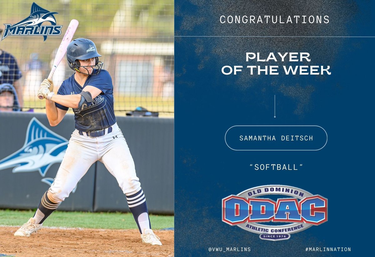 vwu_marlins's tweet photo. Sammi Deitsch Named ODAC Player of the Week! She helped the No. 1 Marlins stay undefeated going 6-0 last week!

#MarlinNation // #AOTW // #Softball https://t.co/jBRBtjb3vF