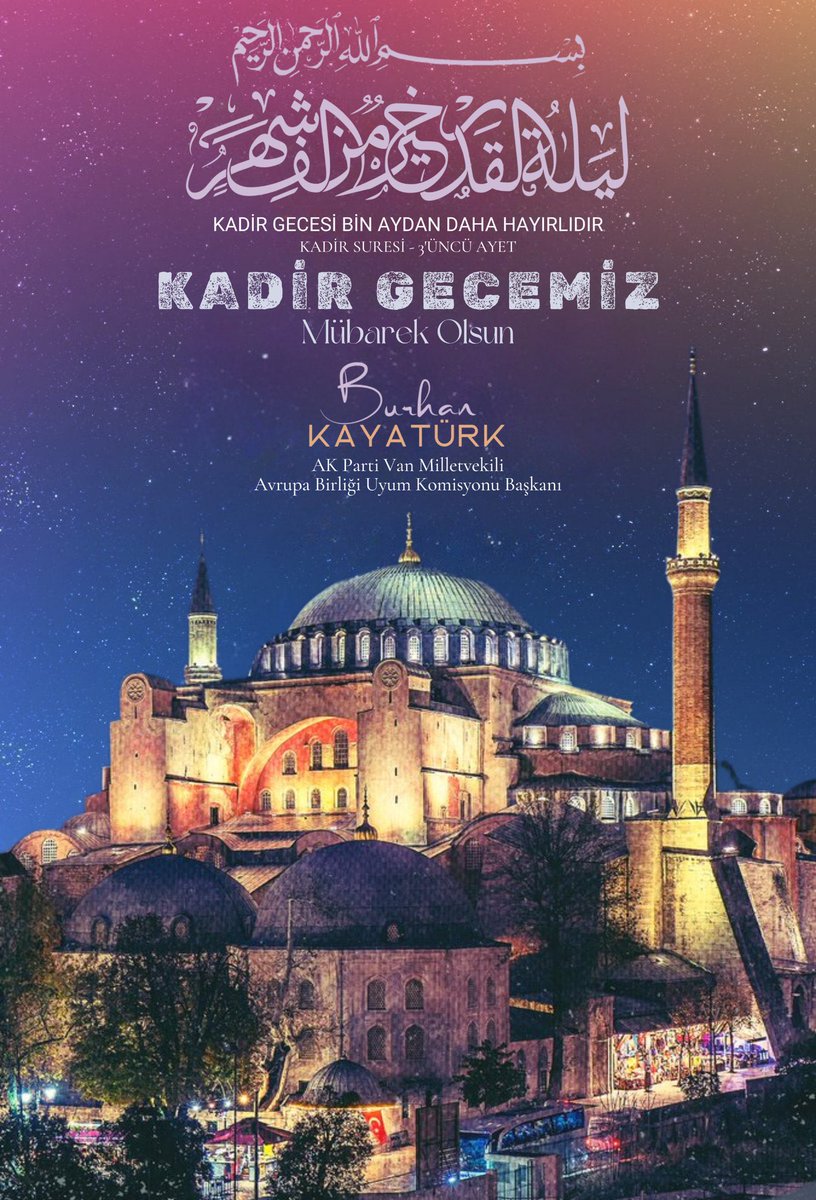 Bin aydan daha hayırlı olan mübarek Kadir gecemizin milletimize, İslam alemine ve tüm insanlığa hayırlar getirmesini diliyorum. 

On bir ayın sultanı Ramazan-ı Şerif’in nişanesi, Ramazan Bayramı’nın müjdecisi olan bu mübarek gecenin feyiz ve bereketinin üzerimize olmasını temenni