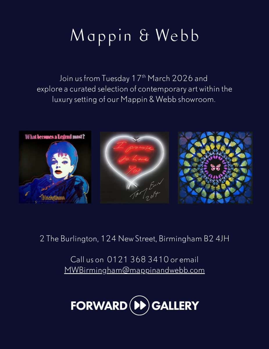 Forward_Gallery's tweet photo. Forward Gallery is proud to partner with historic luxury house Mappin &amp; Webb in Birmingham.

Seven Masters Collection works, including Warhol, Hirst &amp; Emin, are now on display.

Forward Gallery is just a few hundred yards up Cannon Street — a collaboration we’re thrilled about. https://t.co/mtdhxbzZFo