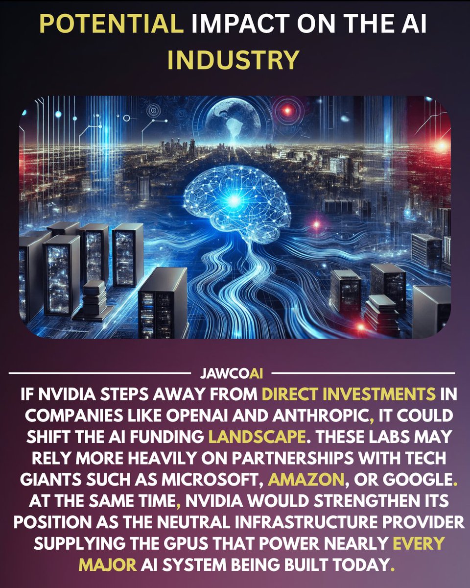 JawcoAI's tweet photo. NVIDIA may stop investing in AI labs OpenAI and Anthropic, says CEO Jensen Huang.
With big GPU demand, NVIDIA could focus on selling chips to everyone instead of backing specific players—strengthening its role as the neutral infrastructure powering the AI race. #ai #news #nvidia https://t.co/lAKsHsYN2a