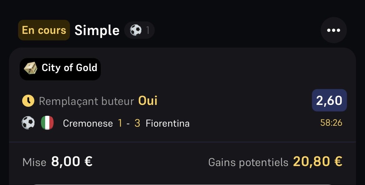Okereke sub Cremonese ⚽️✅ on va vibrer sur le combi 2 sub 

⚽️ Remplaçant 2,60 ⚽️✅