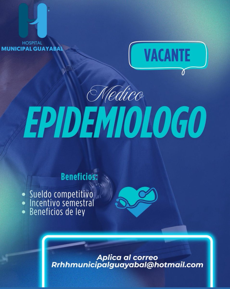 "¡Oportunidad laboral! 👨‍⚕️
Buscamos un Médico Epidemiólogo para unirse al equipo del Hospital Municipal de Guayabal. Sueldo competitivo, incentivo semestral y beneficios de ley. 📧 Aplica a Rrhhmunicipalguayabal@hotmail.com #Vacante #MédicoEpidemiólogo #HMG"